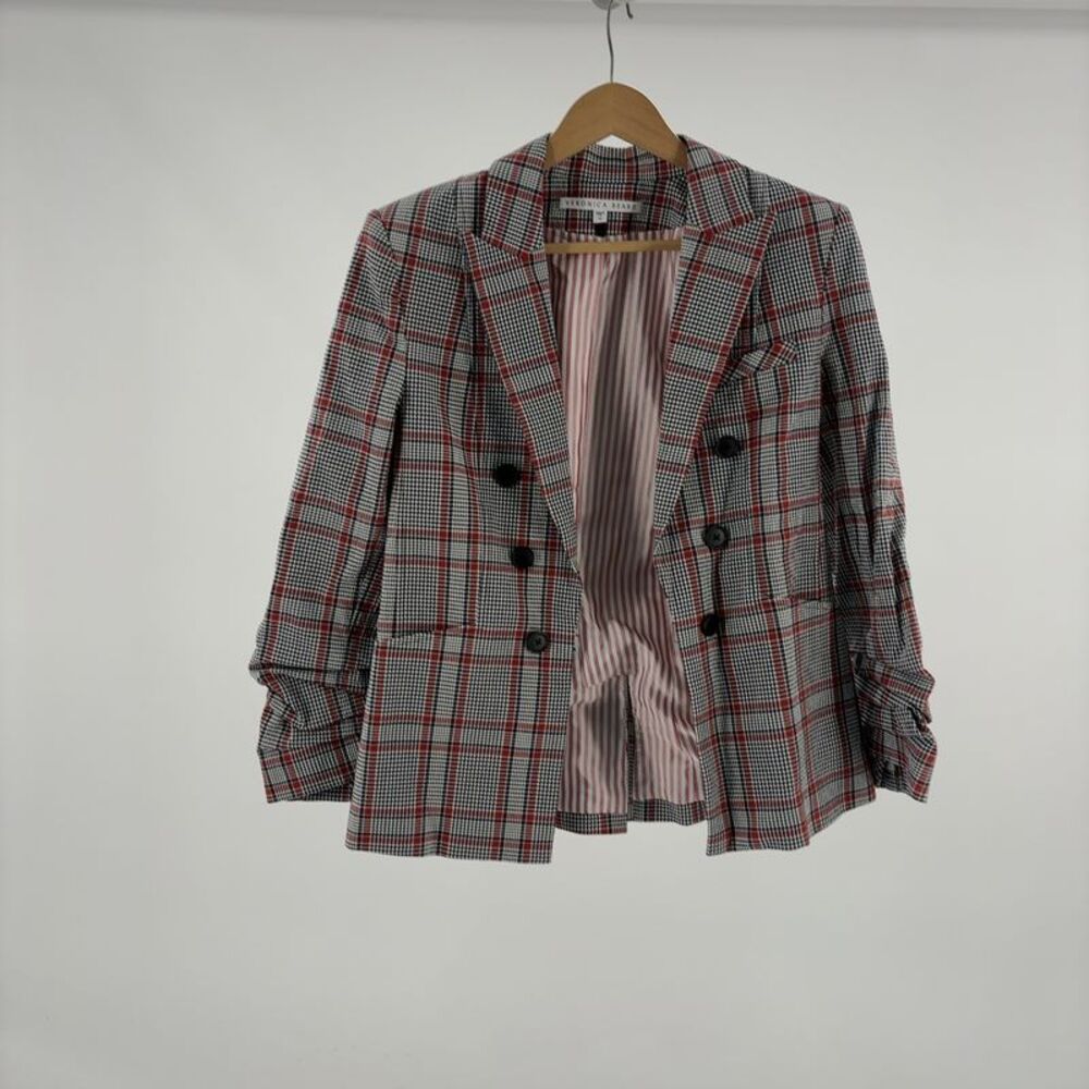 Veronica Beard Red, White Navy Plaid Double Breasted Blazer Jacket